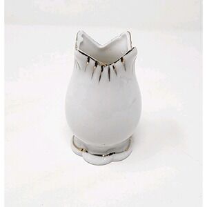White Vintage Ceramic Small Vase Pitcher Gold Lined Rim